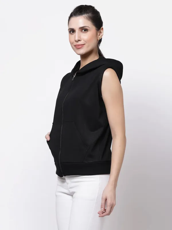 Black_Half_Sleeves_Standard_Length_Cotton_Fleece_Premium_Jacket_With_Hood_For_Women_&_Girls