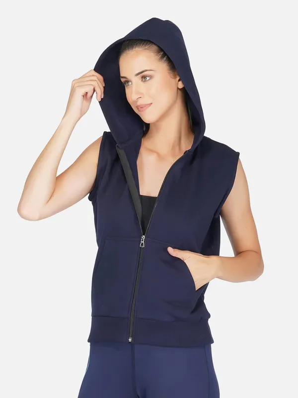 Navy_Blue_Half_Sleeves_Standard_Length_Cotton_Fleece_Premium_Jacket_With_Hood_For_Women_&_Girls