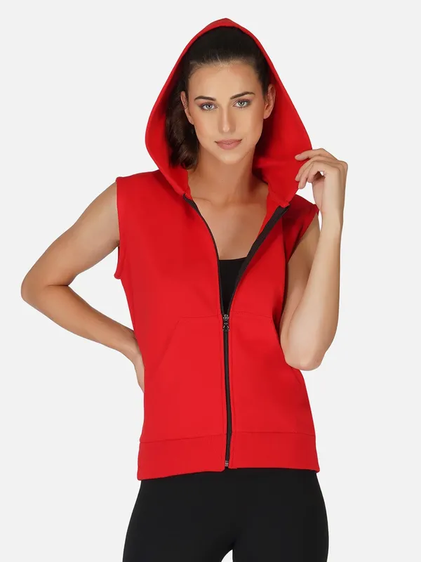 Red_Half_Sleeves_Standard_Length_Cotton_Fleece_Premium_Jacket_With_Hood_For_Women_&_Girls