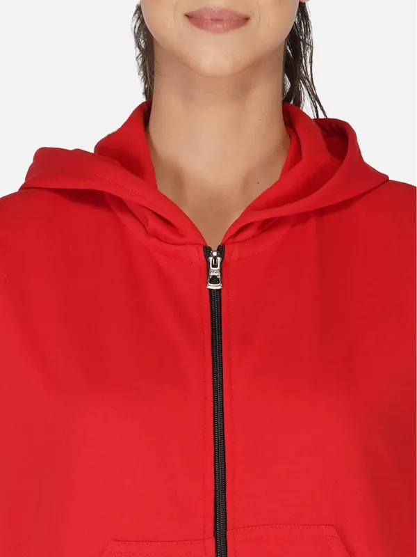 Red_Half_Sleeves_Standard_Length_Cotton_Fleece_Premium_Jacket_With_Hood_For_Women_&_Girls