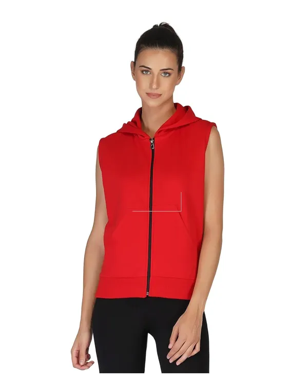 Red_Half_Sleeves_Standard_Length_Cotton_Fleece_Premium_Jacket_With_Hood_For_Women_&_Girls