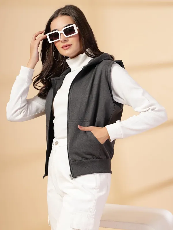 Stone_Grey_Half_Sleeves_Standard_Length_Cotton_Fleece_Premium_Jacket_With_Hood_For_Women_&_Girls