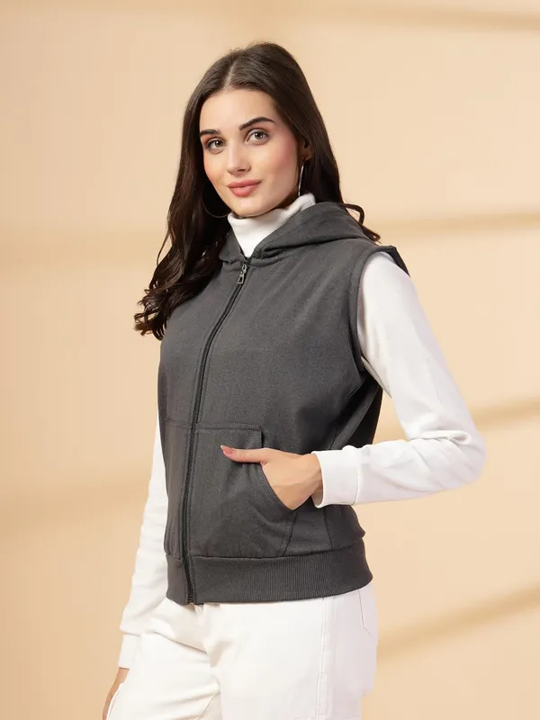 Stone_Grey_Half_Sleeves_Standard_Length_Cotton_Fleece_Premium_Jacket_With_Hood_For_Women_&_Girls
