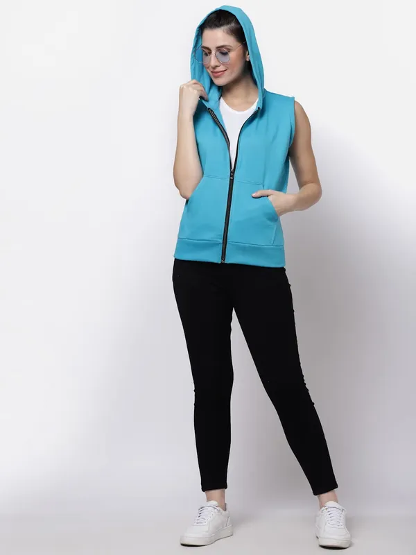 Turquoise_Blue_Half_Sleeves_Standard_Length_Cotton_Fleece_Premium_Jacket_With_Hood_For_Women_&_Girls