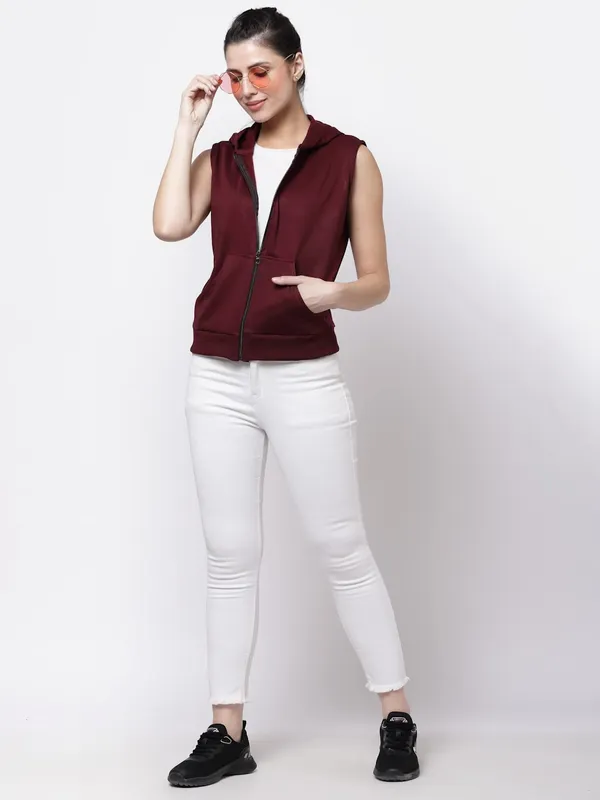 Wine_Half_Sleeves_Standard_Length_Cotton_Fleece_Premium_Jacket_With_Hood_For_Women_&_Girls