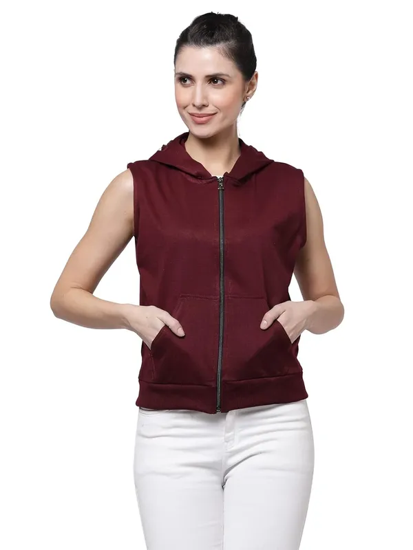 Wine_Half_Sleeves_Standard_Length_Cotton_Fleece_Premium_Jacket_With_Hood_For_Women_&_Girls