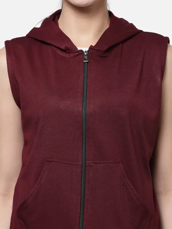 Wine_Half_Sleeves_Standard_Length_Cotton_Fleece_Premium_Jacket_With_Hood_For_Women_&_Girls