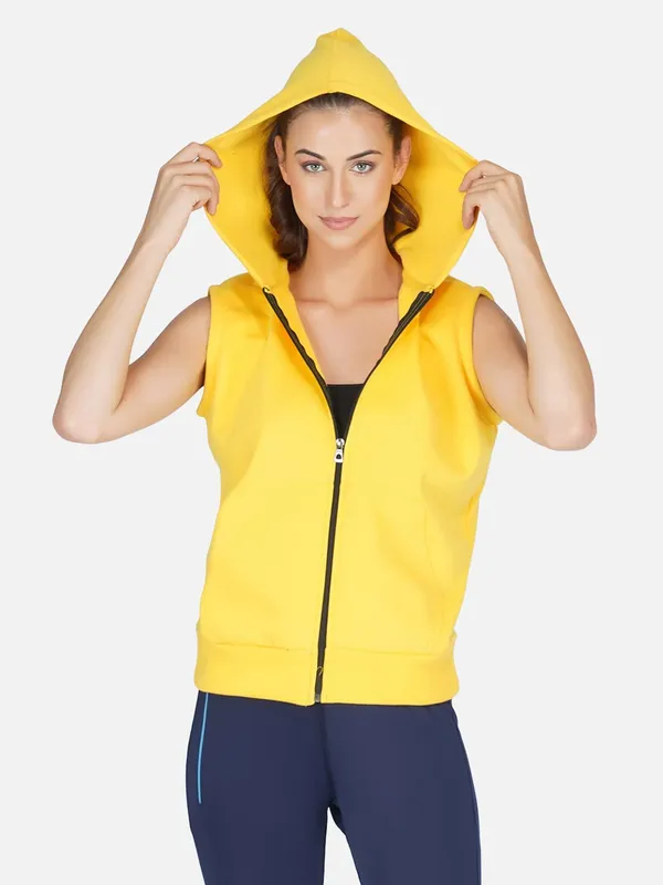 Yellow_Half_Sleeves_Standard_Length_Cotton_Fleece_Premium_Jacket_With_Hood_For_Women_&_Girls