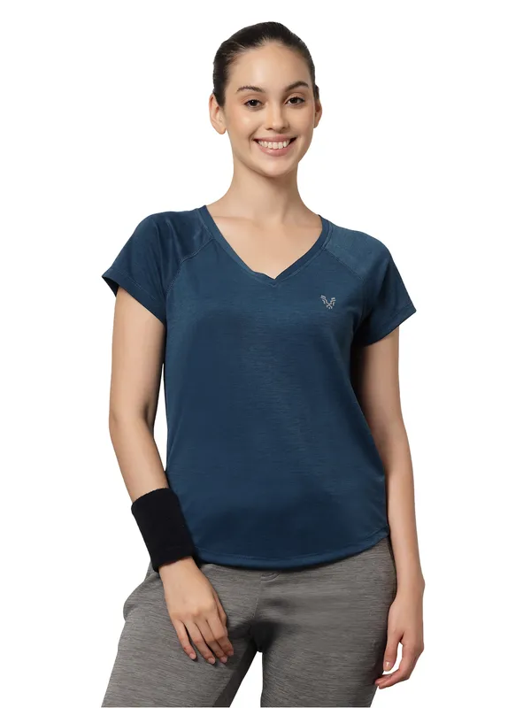 Royal_Blue_V-Neck_Polyester_T-Shirt_For_Women