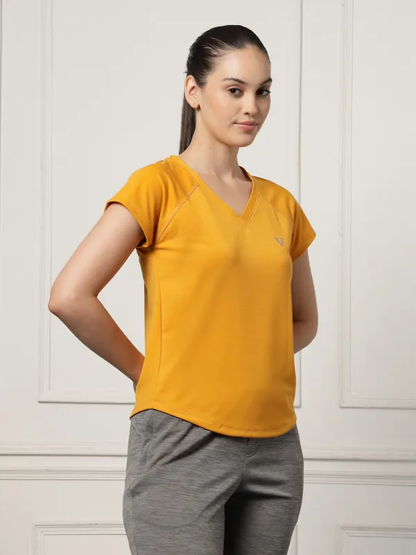 Mustard_V-Neck_Polyester_T-Shirt_For_Women