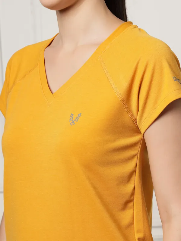 Mustard_V-Neck_Polyester_T-Shirt_For_Women