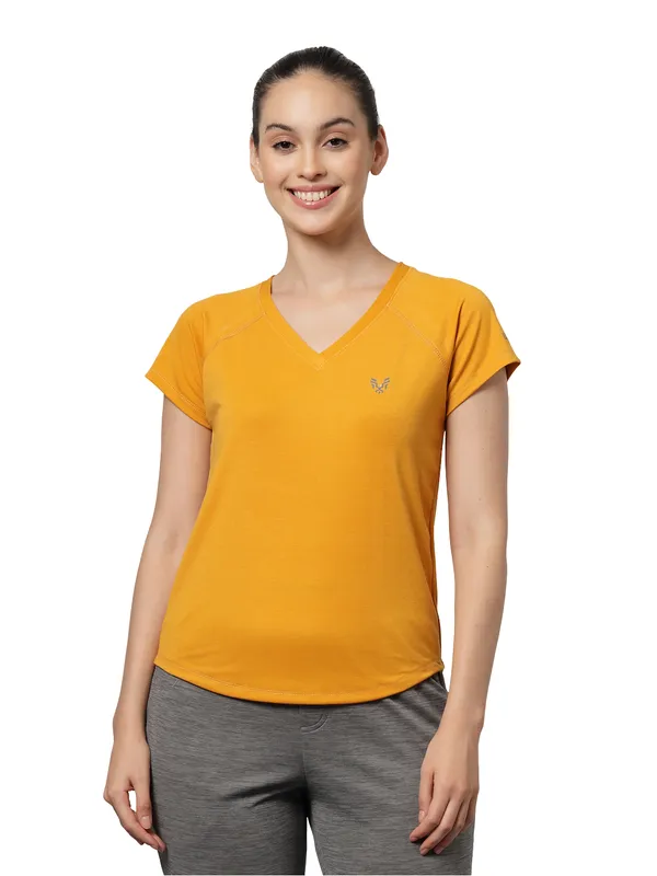 Mustard_V-Neck_Polyester_T-Shirt_For_Women