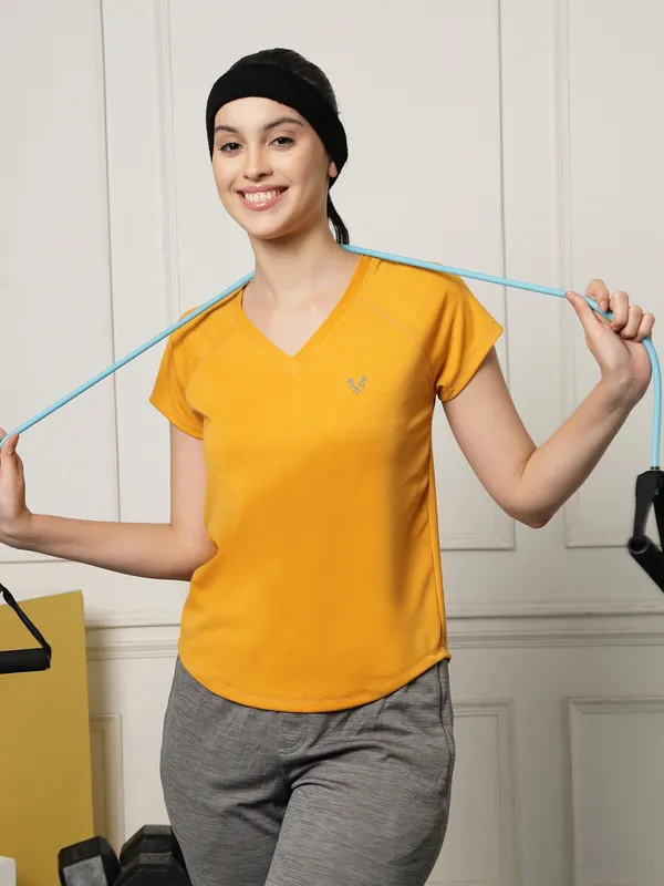 Mustard_V-Neck_Polyester_T-Shirt_For_Women