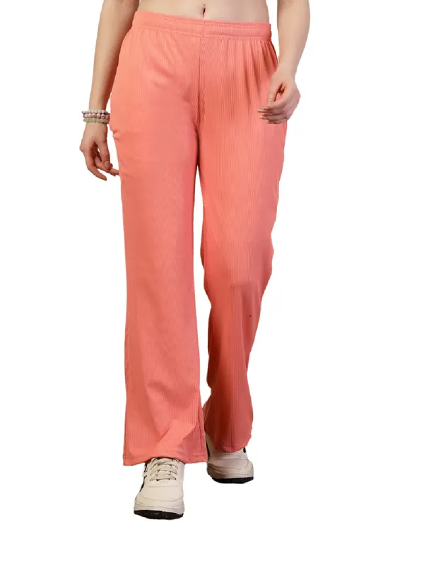 Peach_Ribbed_Stretchable_Bell_Bottom_Trouser_With_Elasticated_Drawstring_Waist_&_Side_Pocket_For_Women_&_Girls