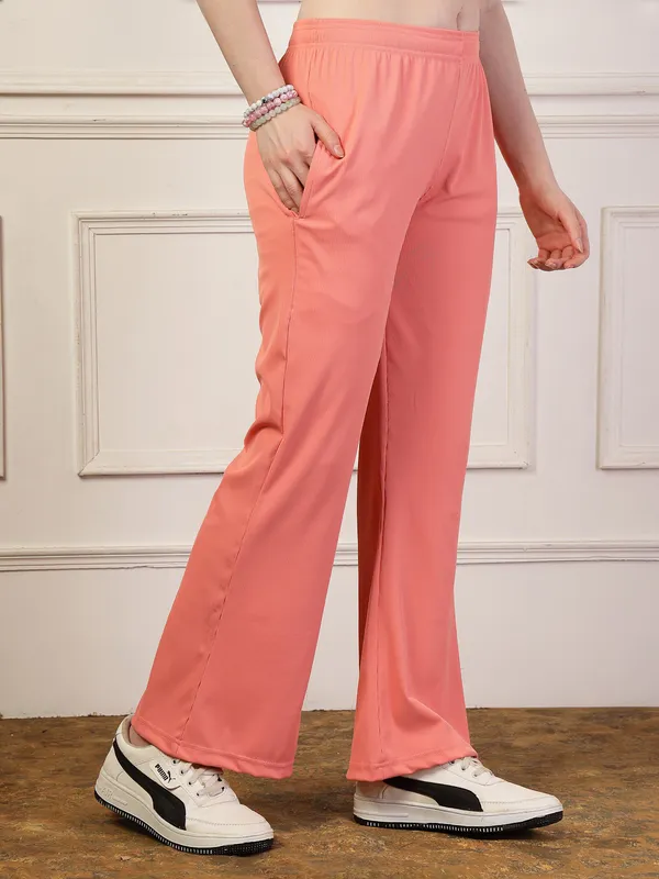 Peach_Ribbed_Stretchable_Bell_Bottom_Trouser_With_Elasticated_Drawstring_Waist_&_Side_Pocket_For_Women_&_Girls