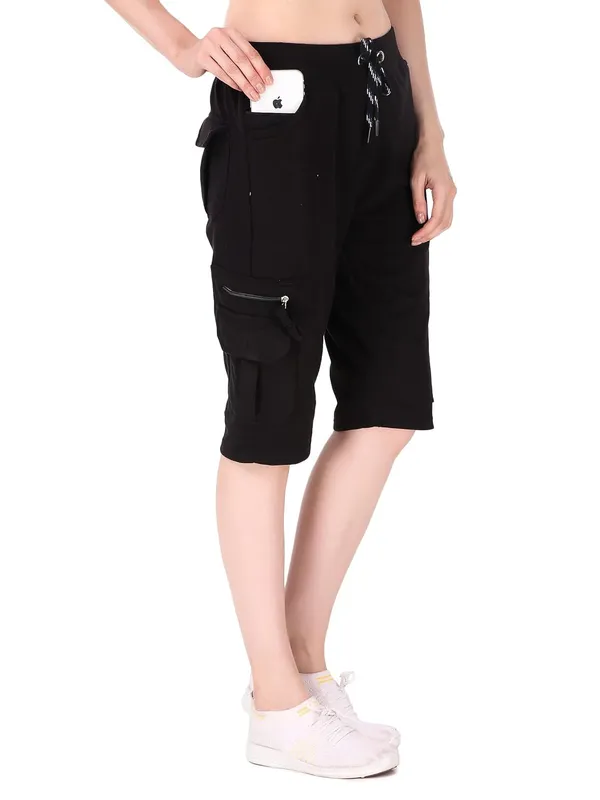 Black_Cargo_Capri_Shorts_With_9_Zippered_Pockets_For_Women_&_Girls
