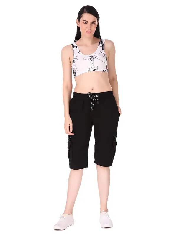 Black_Cargo_Capri_Shorts_With_9_Zippered_Pockets_For_Women_&_Girls