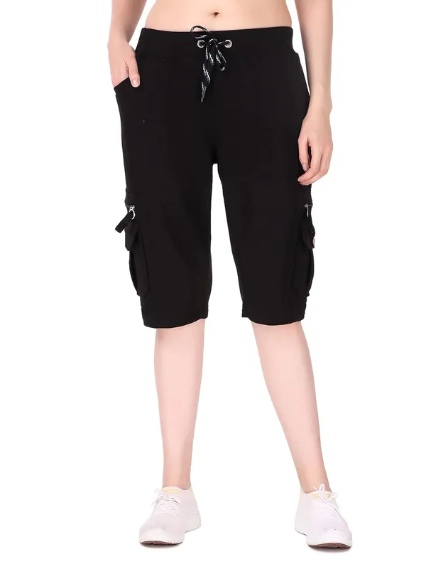 Black_Cargo_Capri_Shorts_With_9_Zippered_Pockets_For_Women_&_Girls