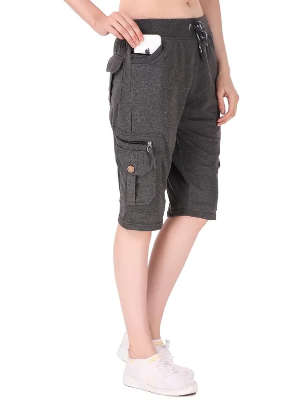 Dark_Melange_Cargo_Capri_Shorts_With_9_Zippered_Pockets_For_Women_&_Girls