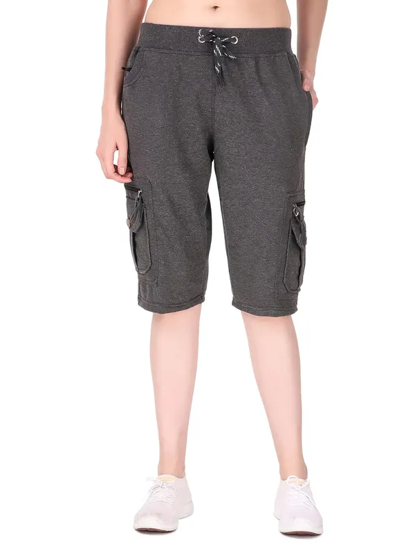 Dark_Melange_Cargo_Capri_Shorts_With_9_Zippered_Pockets_For_Women_&_Girls