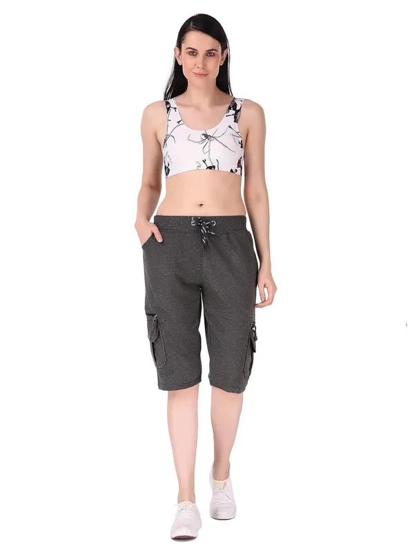 Dark_Melange_Cargo_Capri_Shorts_With_9_Zippered_Pockets_For_Women_&_Girls