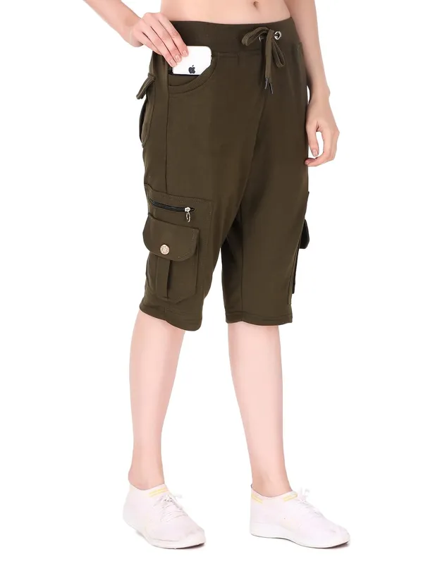 Military_Green_Cargo_Capri_Shorts_With_9_Zippered_Pockets_For_Women_&_Girls