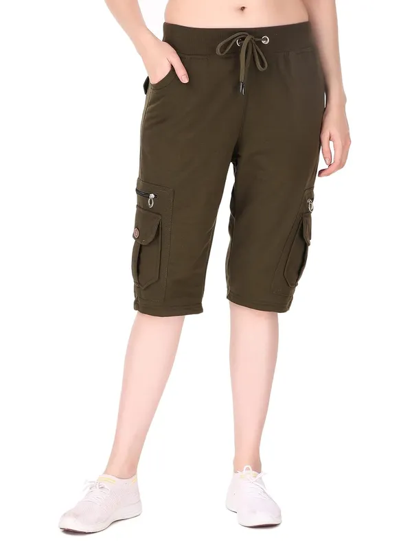 Military_Green_Cargo_Capri_Shorts_With_9_Zippered_Pockets_For_Women_&_Girls
