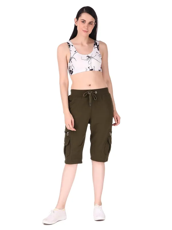 Military_Green_Cargo_Capri_Shorts_With_9_Zippered_Pockets_For_Women_&_Girls