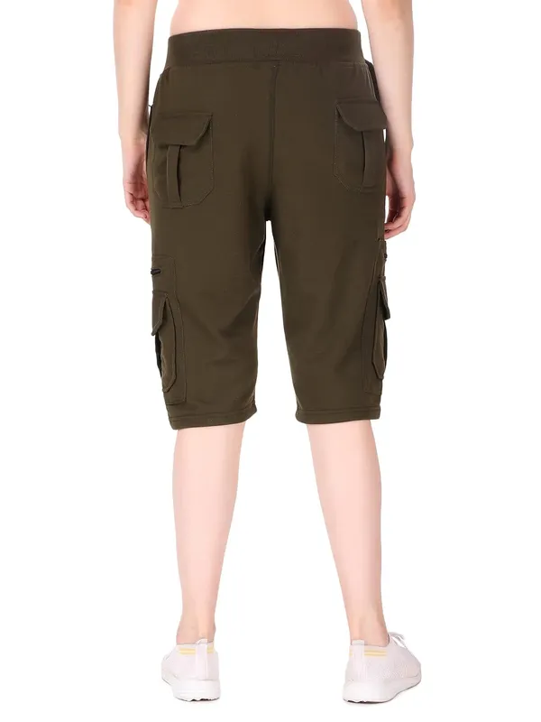 Military_Green_Cargo_Capri_Shorts_With_9_Zippered_Pockets_For_Women_&_Girls