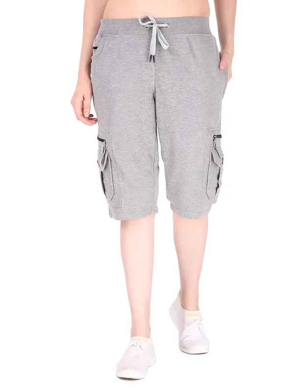 Light_Melange_Cargo_Capri_Shorts_With_9_Pockets_For_Women_&_Girls