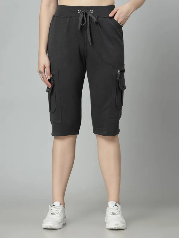 Stone_Grey_Cargo_Capri_Shorts_With_9_Pockets_For_Women_&_Girls