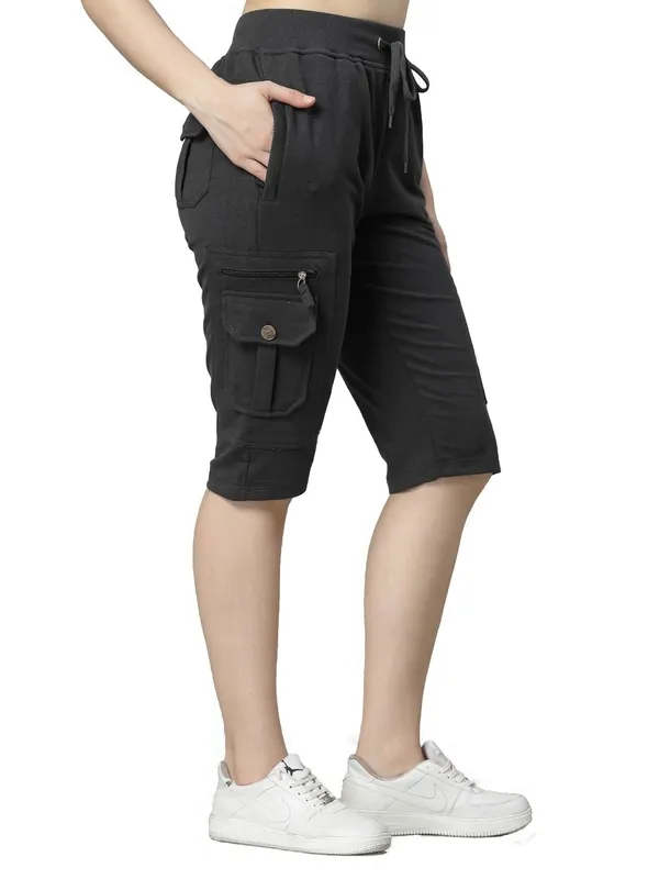 Stone_Grey_Cargo_Capri_Shorts_With_9_Pockets_For_Women_&_Girls
