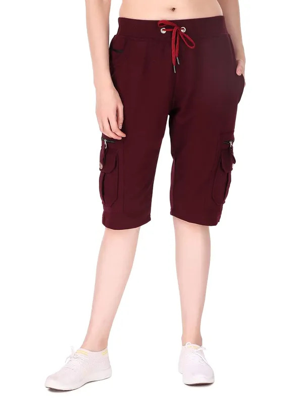 Wine_Cargo_Capri_Shorts_With_9_Zippered_Pockets_For_Women_&_Girls