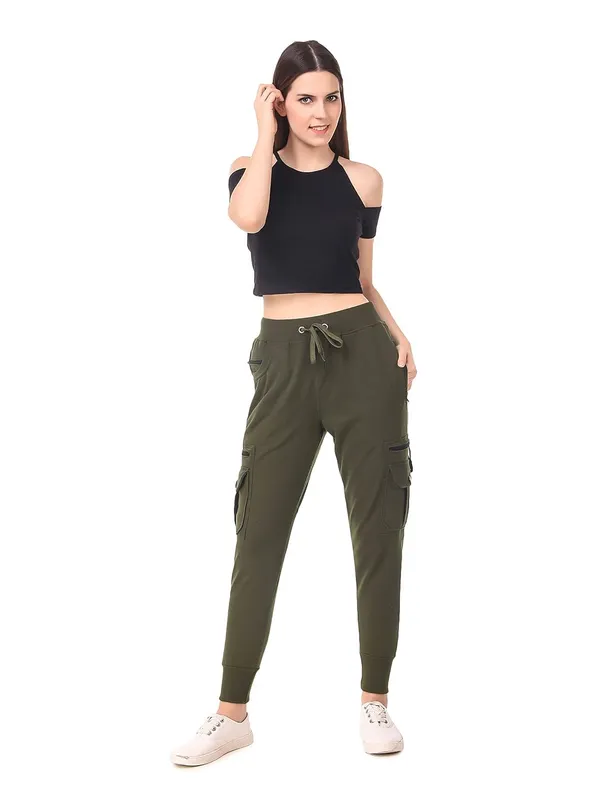 Military_Green_Cotton_Slim_Fit_Cargo_Joggers_Track_Pants_With_4_Zippered_Pockets_For_Women_&_Girls