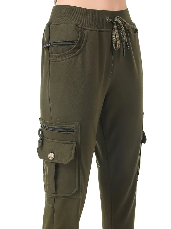 Military_Green_Cotton_Slim_Fit_Cargo_Joggers_Track_Pants_With_4_Zippered_Pockets_For_Women_&_Girls