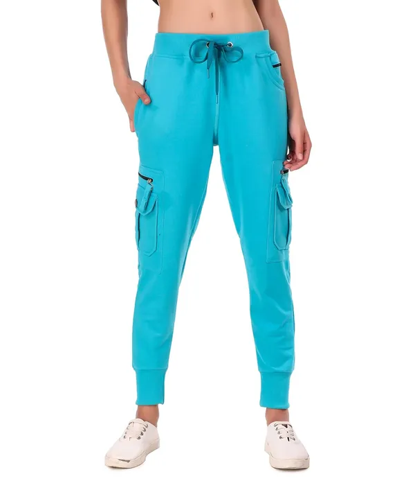 Turquoise_Blue_Cotton_Slim_Fit_Cargo_Joggers_Track_Pants_With_4_Zippered_Pockets_For_Women_&_Girls