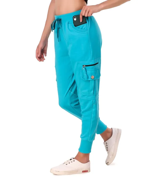Turquoise_Blue_Cotton_Slim_Fit_Cargo_Joggers_Track_Pants_With_4_Zippered_Pockets_For_Women_&_Girls