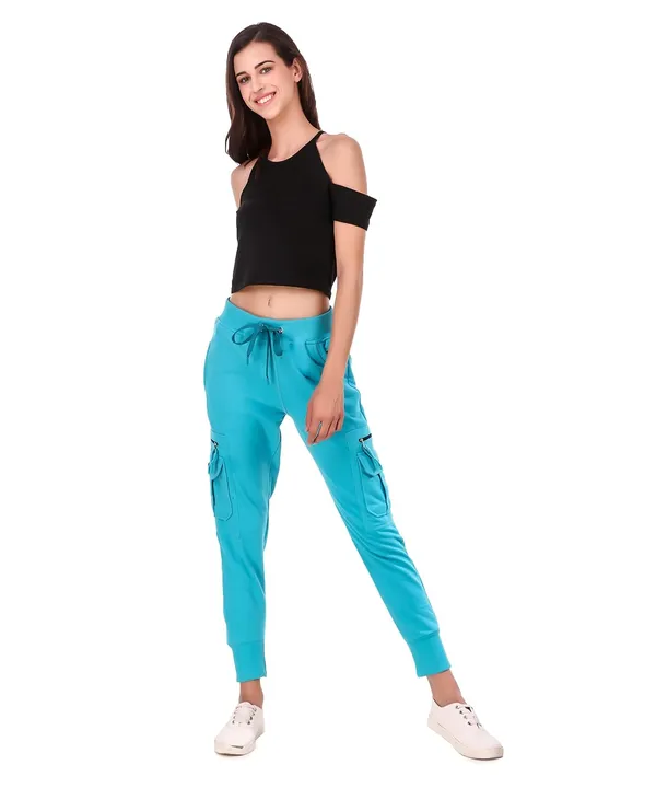 Turquoise_Blue_Cotton_Slim_Fit_Cargo_Joggers_Track_Pants_With_4_Zippered_Pockets_For_Women_&_Girls