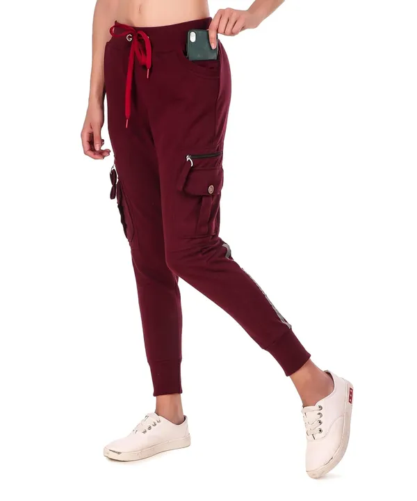 Wine_Cotton_Slim_Fit_Cargo_Joggers_Track_Pants_With_4_Zippered_Pockets_For_Women_&_Girls