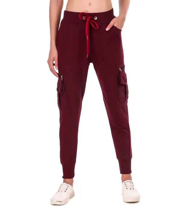 Wine_Cotton_Slim_Fit_Cargo_Joggers_Track_Pants_With_4_Zippered_Pockets_For_Women_&_Girls