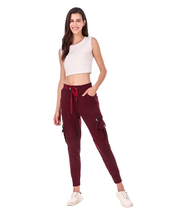 Wine_Cotton_Slim_Fit_Cargo_Joggers_Track_Pants_With_4_Zippered_Pockets_For_Women_&_Girls