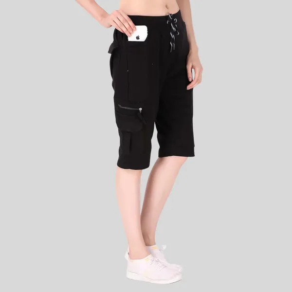 Black_Cargo_Capri_Shorts_With_9_Zippered_Pockets_For_Women_&_Girls