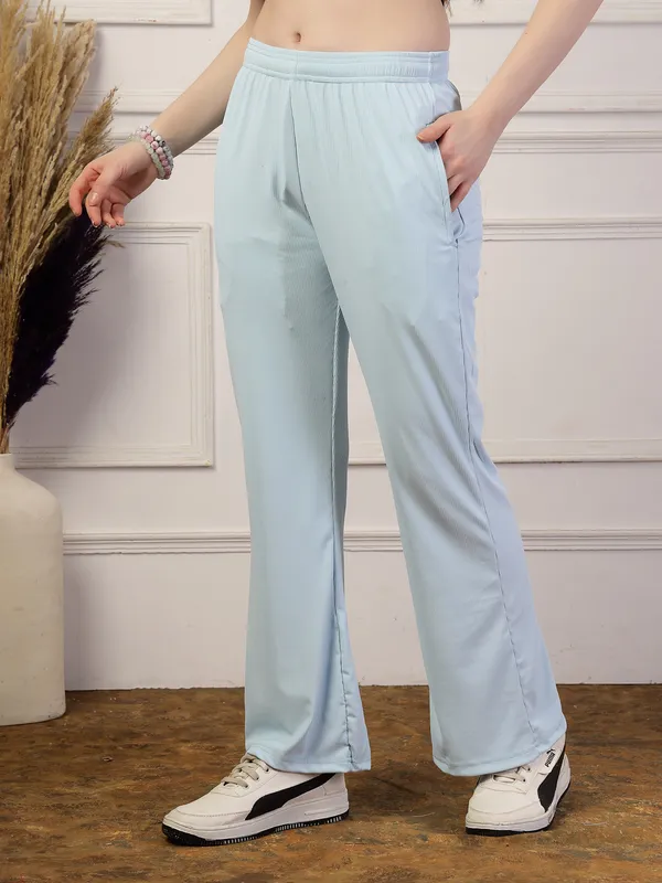 Sky_Ribbed_Stretchable_Bell_Bottom_Trouser_With_Elasticated_Drawstring_Waist_&_Side_Pocket_For_Women_&_Girls
