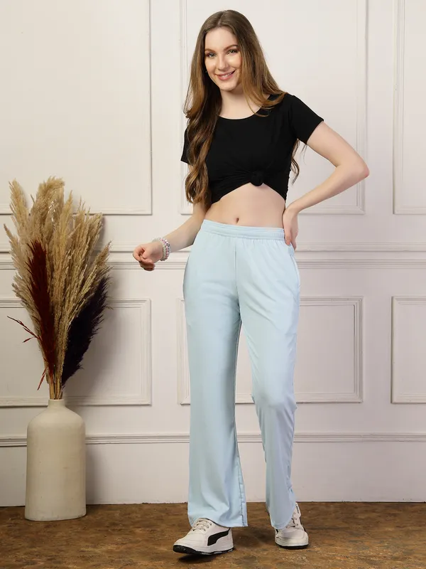 Sky_Ribbed_Stretchable_Bell_Bottom_Trouser_With_Elasticated_Drawstring_Waist_&_Side_Pocket_For_Women_&_Girls