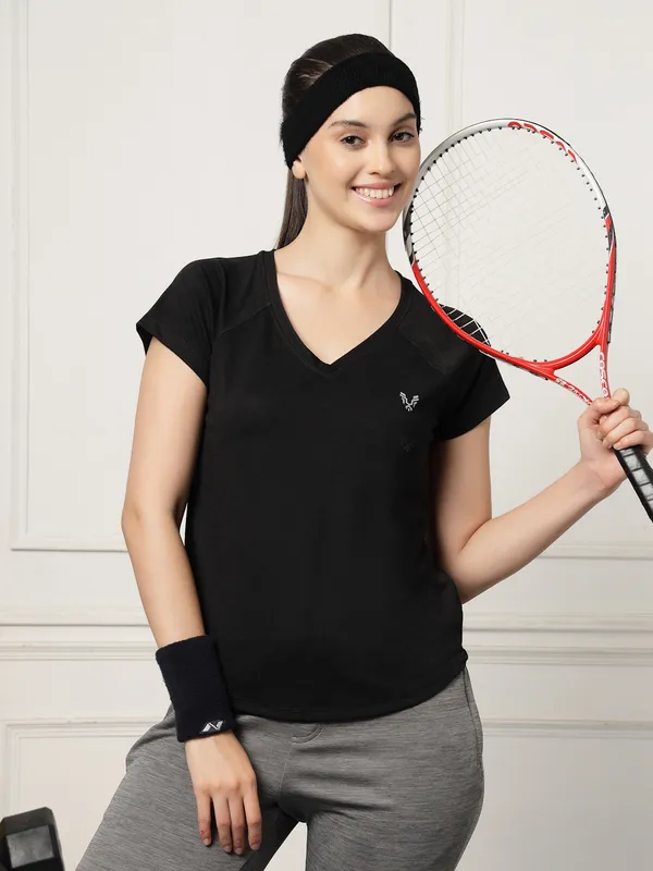 Black_V-Neck_Polyester_T-Shirt_For_Women