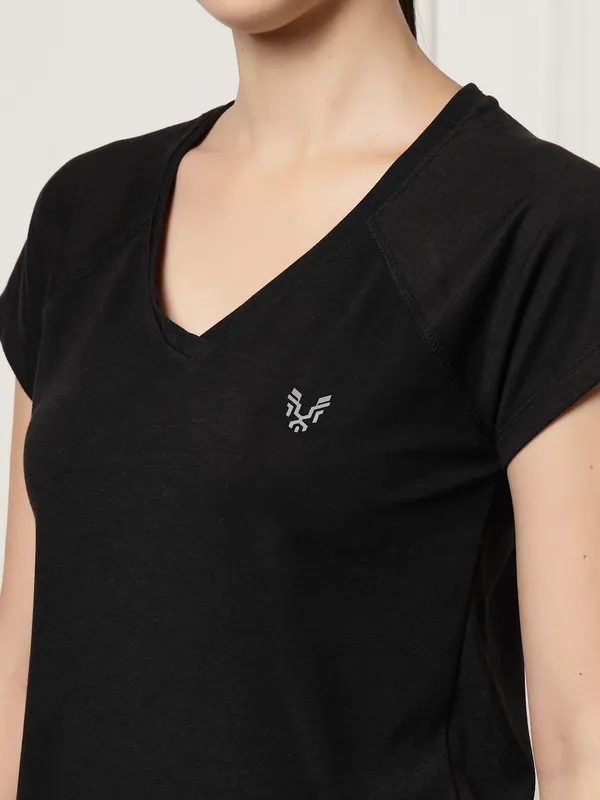 Black_V-Neck_Polyester_T-Shirt_For_Women
