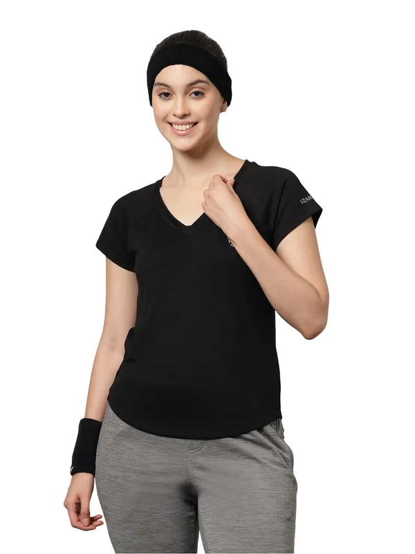Black_V-Neck_Polyester_T-Shirt_For_Women