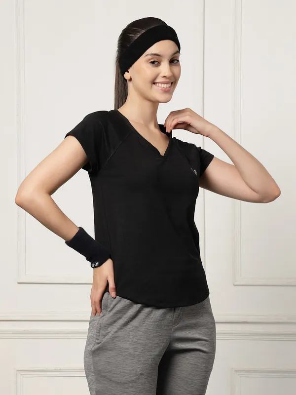 Black_V-Neck_Polyester_T-Shirt_For_Women