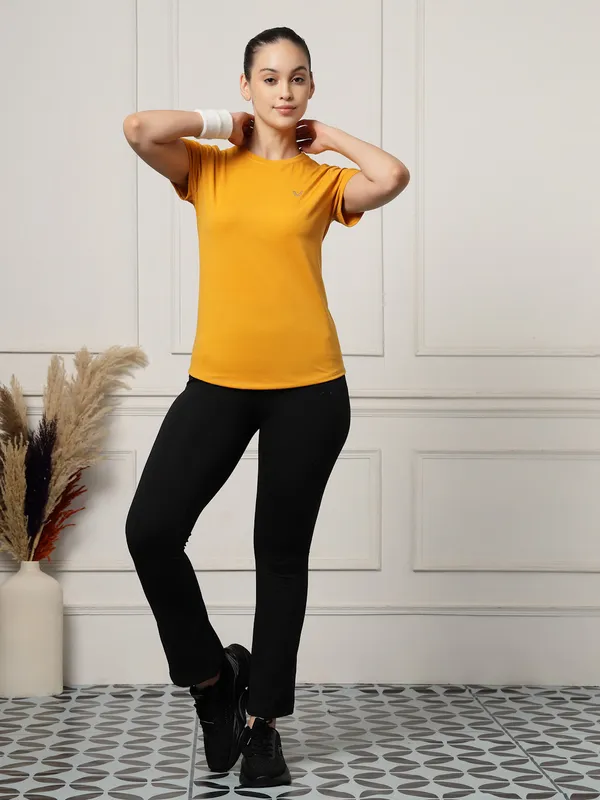 Mustard_Roundneck_Polyester_T-Shirt_For_Women