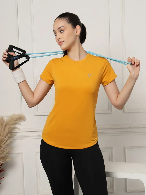Mustard_Roundneck_Polyester_T-Shirt_For_Women